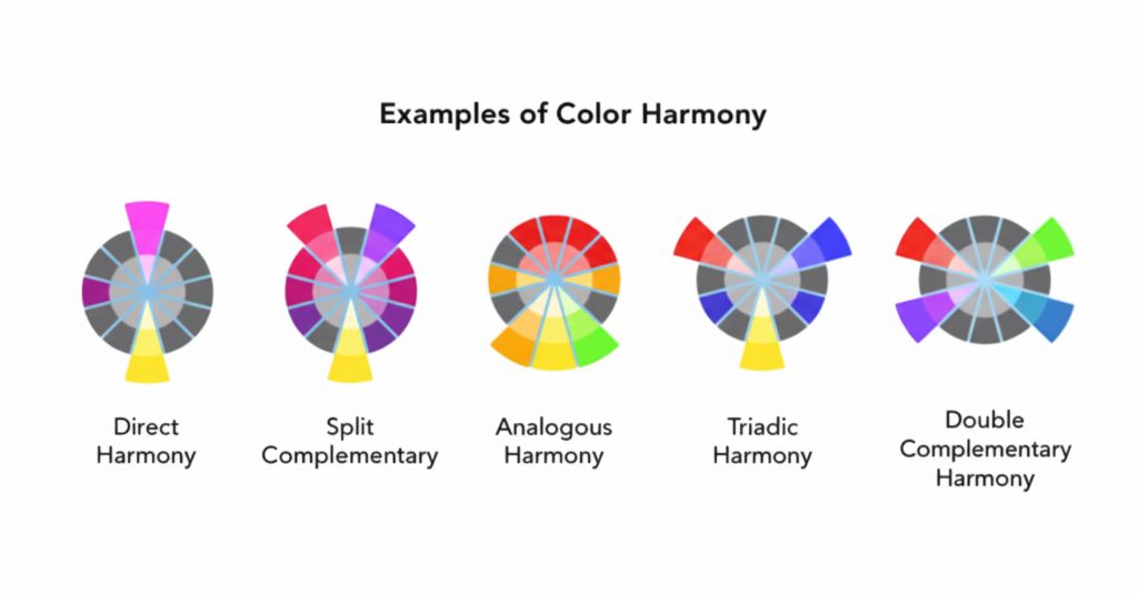 Examples of Color Harmony - Direct, Split Complementary, Analogous, Triadic, and Double Complementary